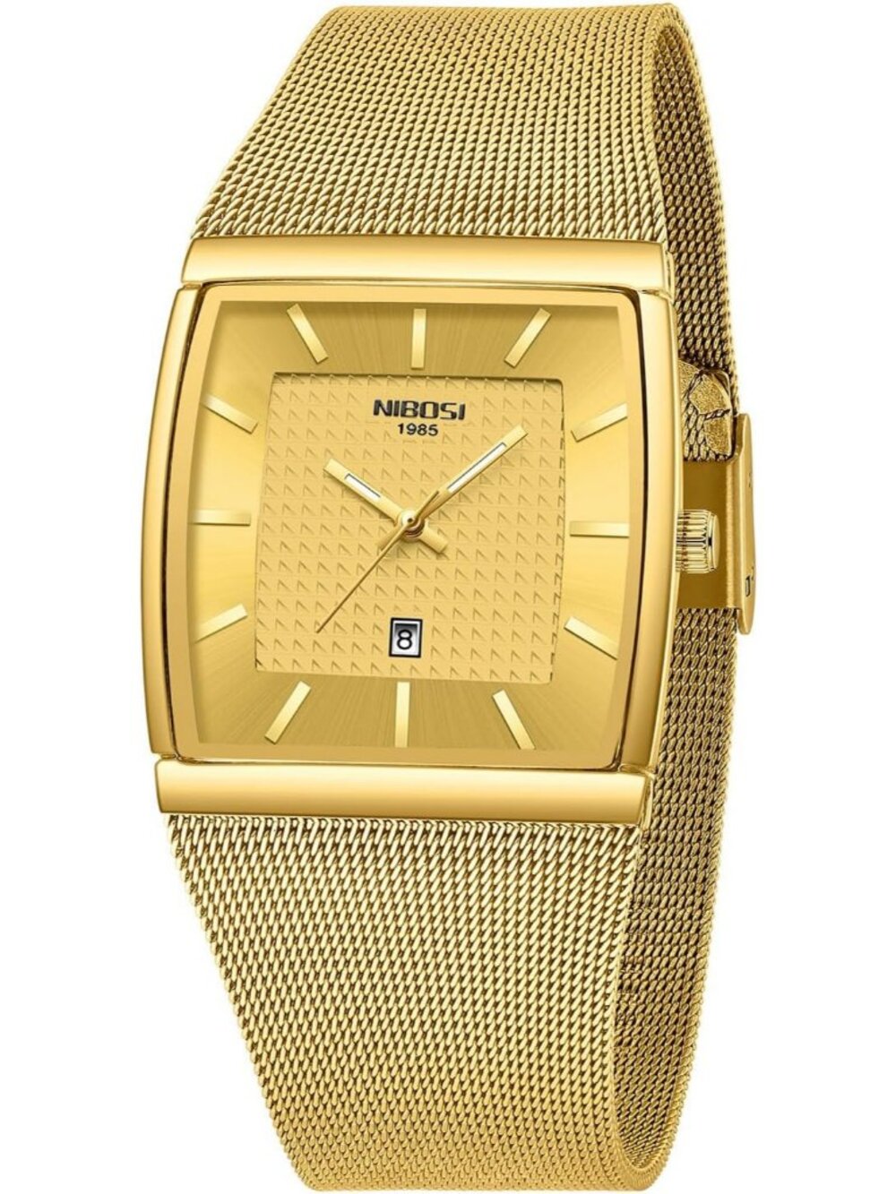 Nibosi Men's Gold Square Analog Quartz Stainless Mesh Strap Waterproof Watch